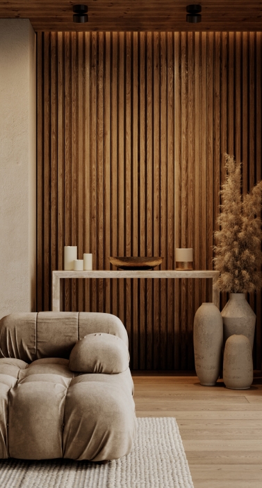 Contemporary interior with sofa, brown wood wall panels, pampas grass, console and decor. 3d render illustration mockup.