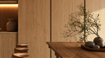 Chic and modern kitchen dining area illuminated by designer lamp, featuring wooden chairs and a table in a tastefully decorated space, 3d rendering
